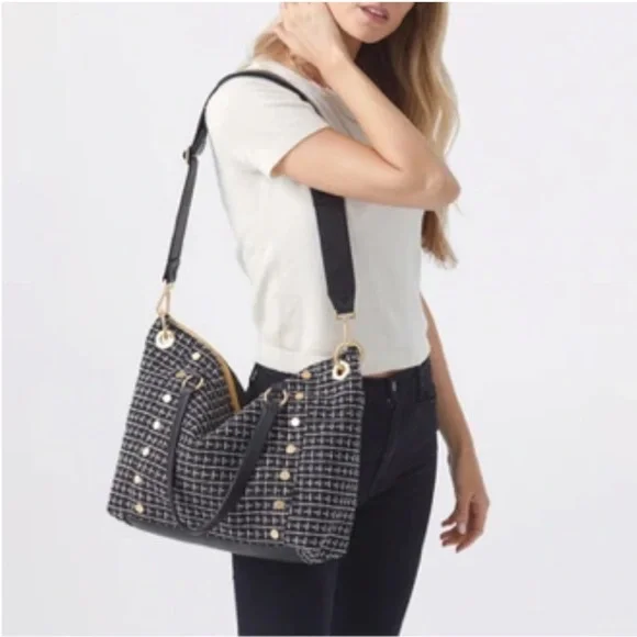 Hammitt Los Angeles Daniel Large Tote in Midnight Trellis Tweed Gold Black